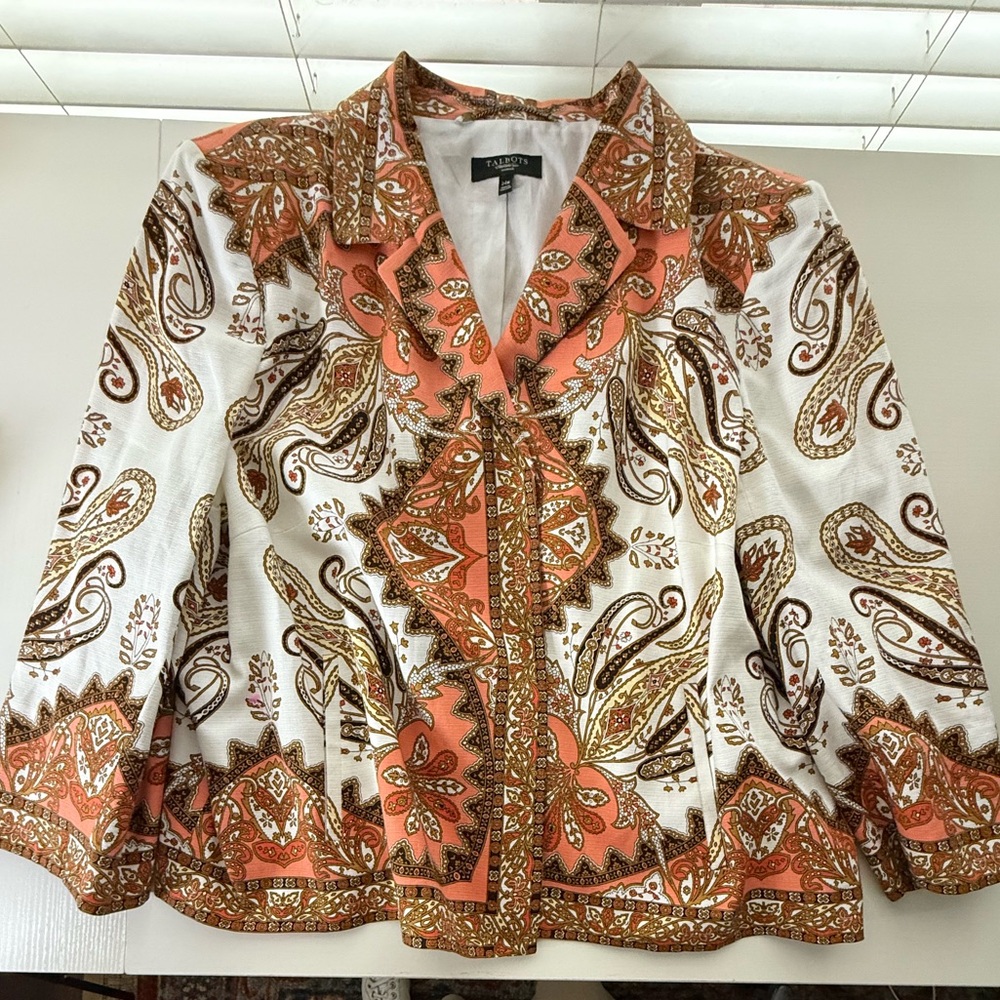 Talbots Women’s Paisley Print Blazer in‎ Coral, Orange, White and Brown size 24W